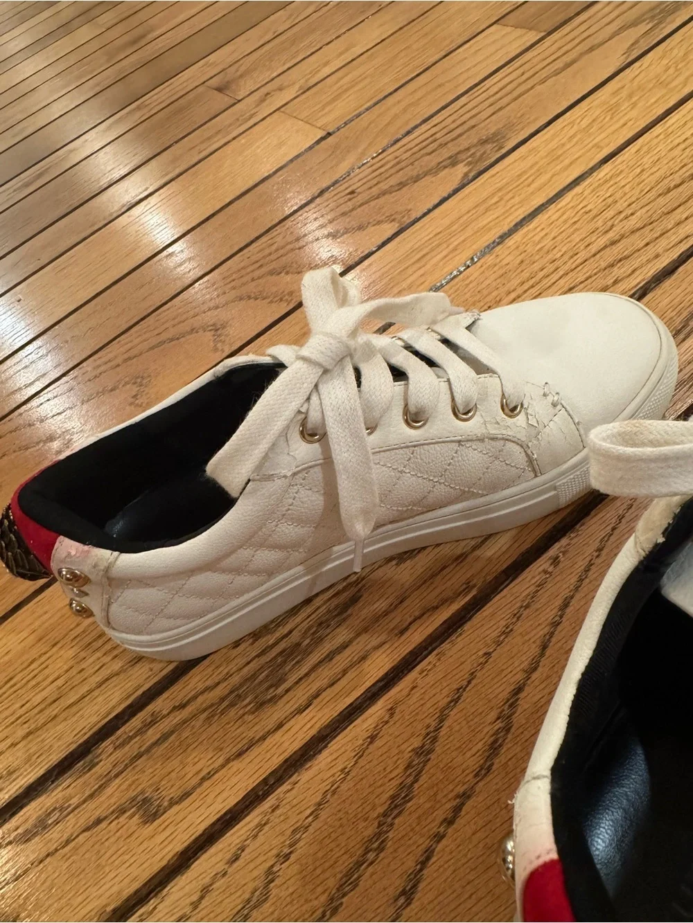 Kurt Geiger Quilted White Lace-Up Sneakers with Red Heel Tab